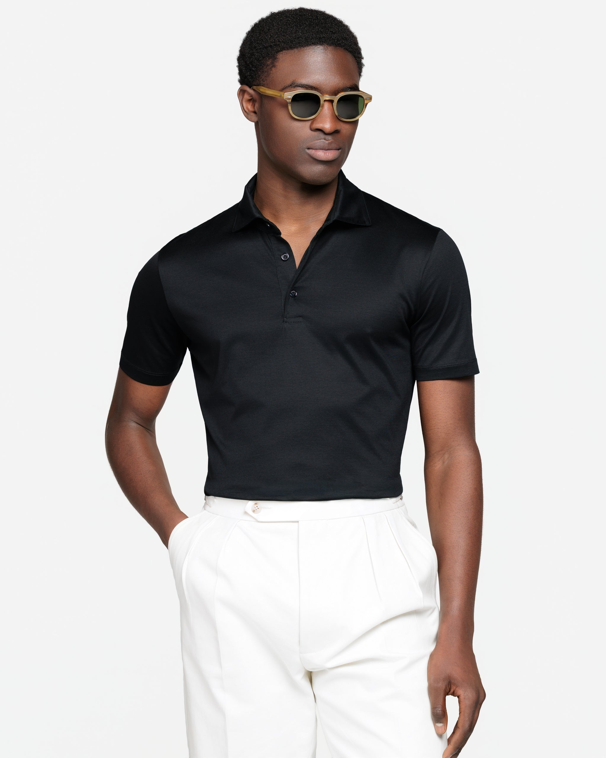 Black Short Sleeve Classic Three-Button Polo 100% Egyptian Cotton | Filatori