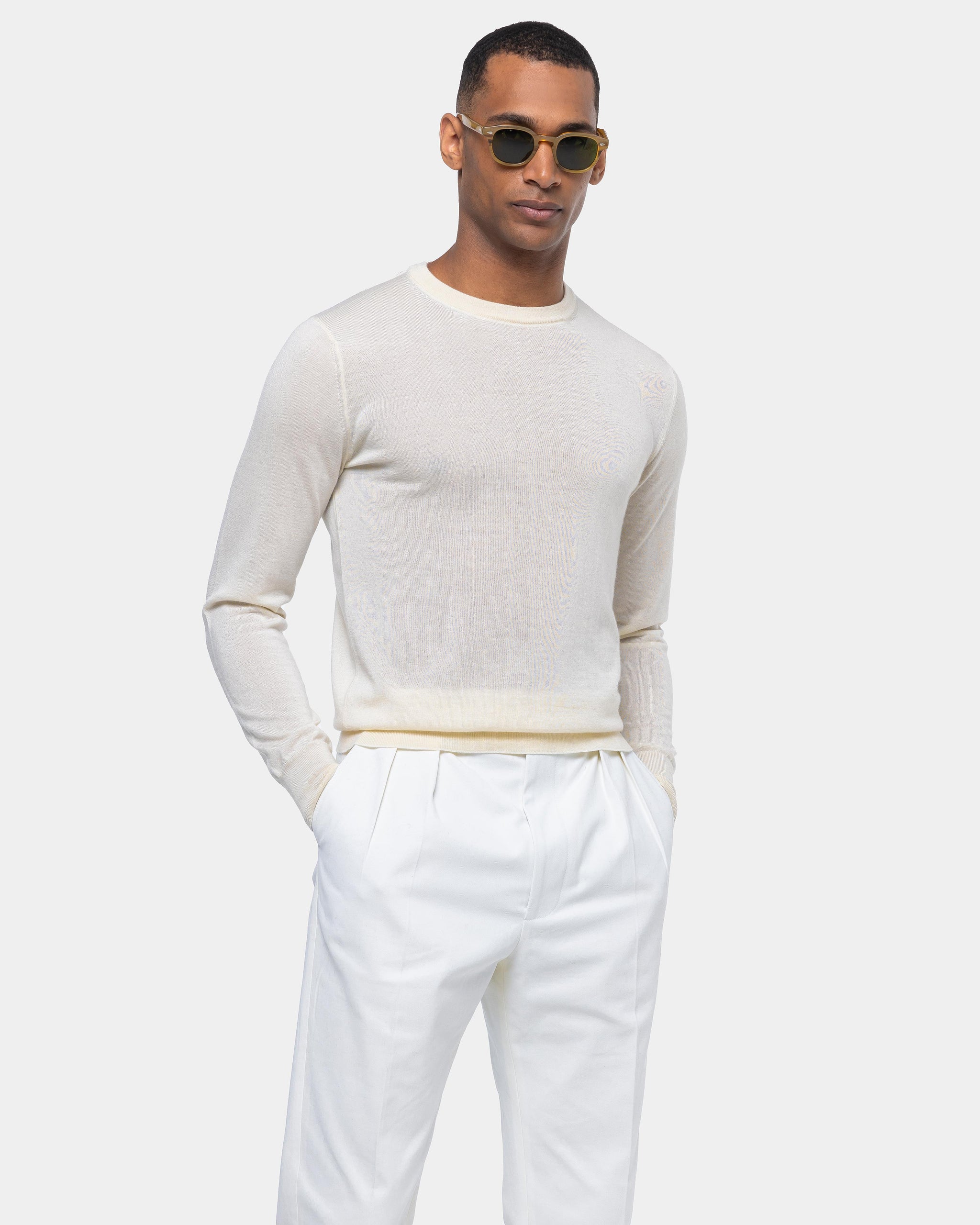 Pearl White Long Sleeved Crewneck Knitwear in Cashmere Mulberry Silk | Filatori