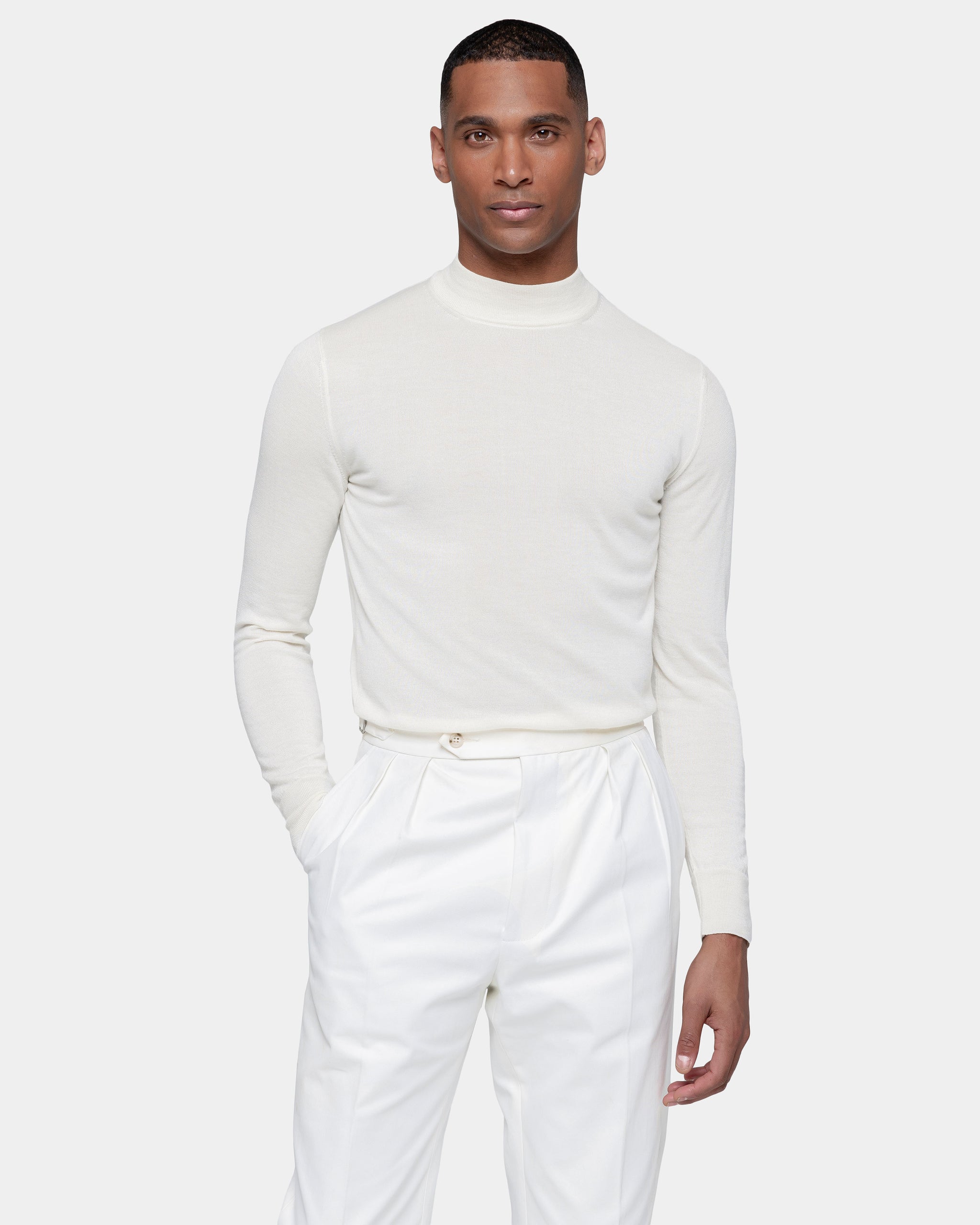 Pearl White Long Sleeved Highneck Knitwear in Cashmere Mulberry Silk | Filatori