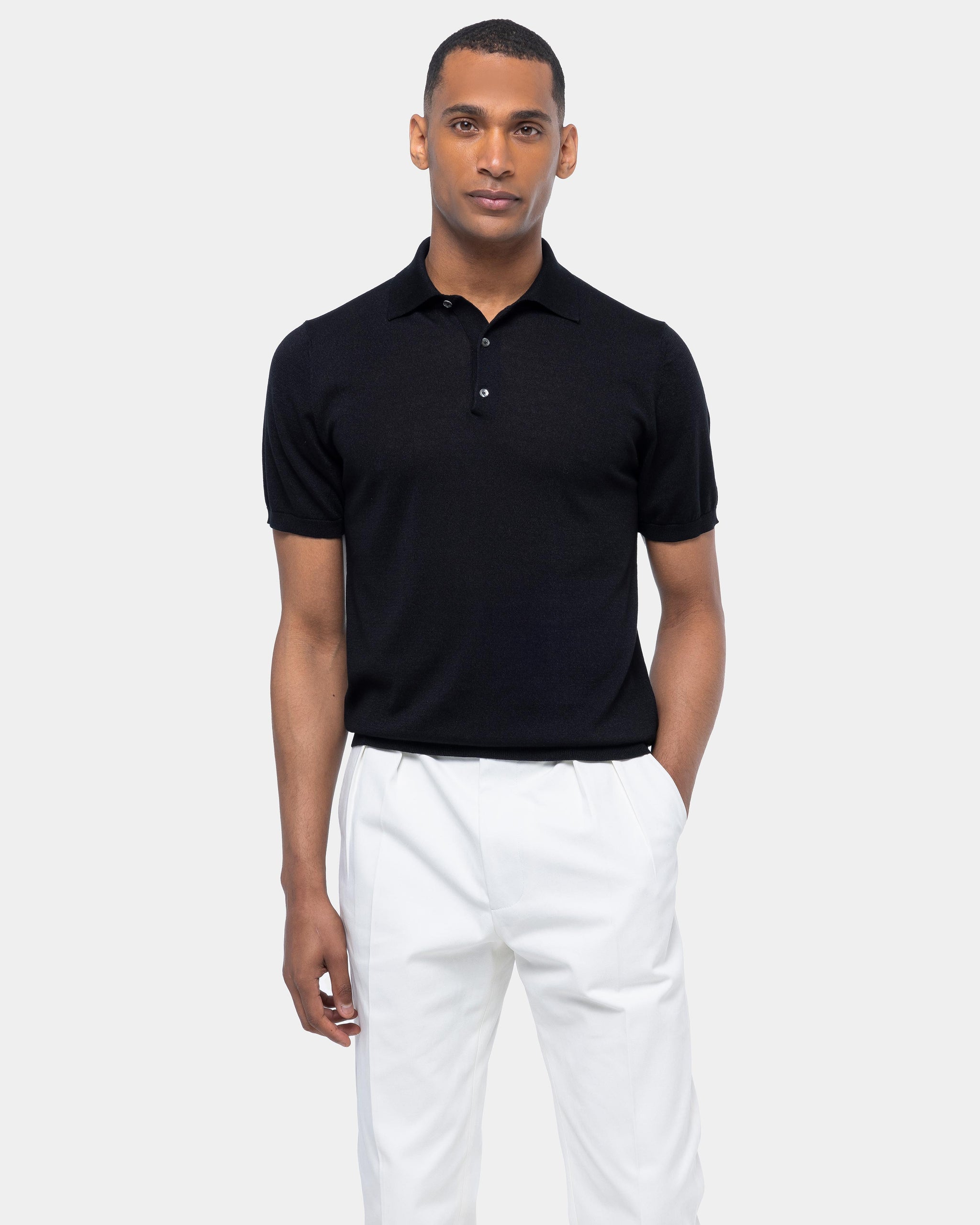 Black Short Sleeve Polo Knitwear in Organic Cotton Mulberry Silk | Filatori