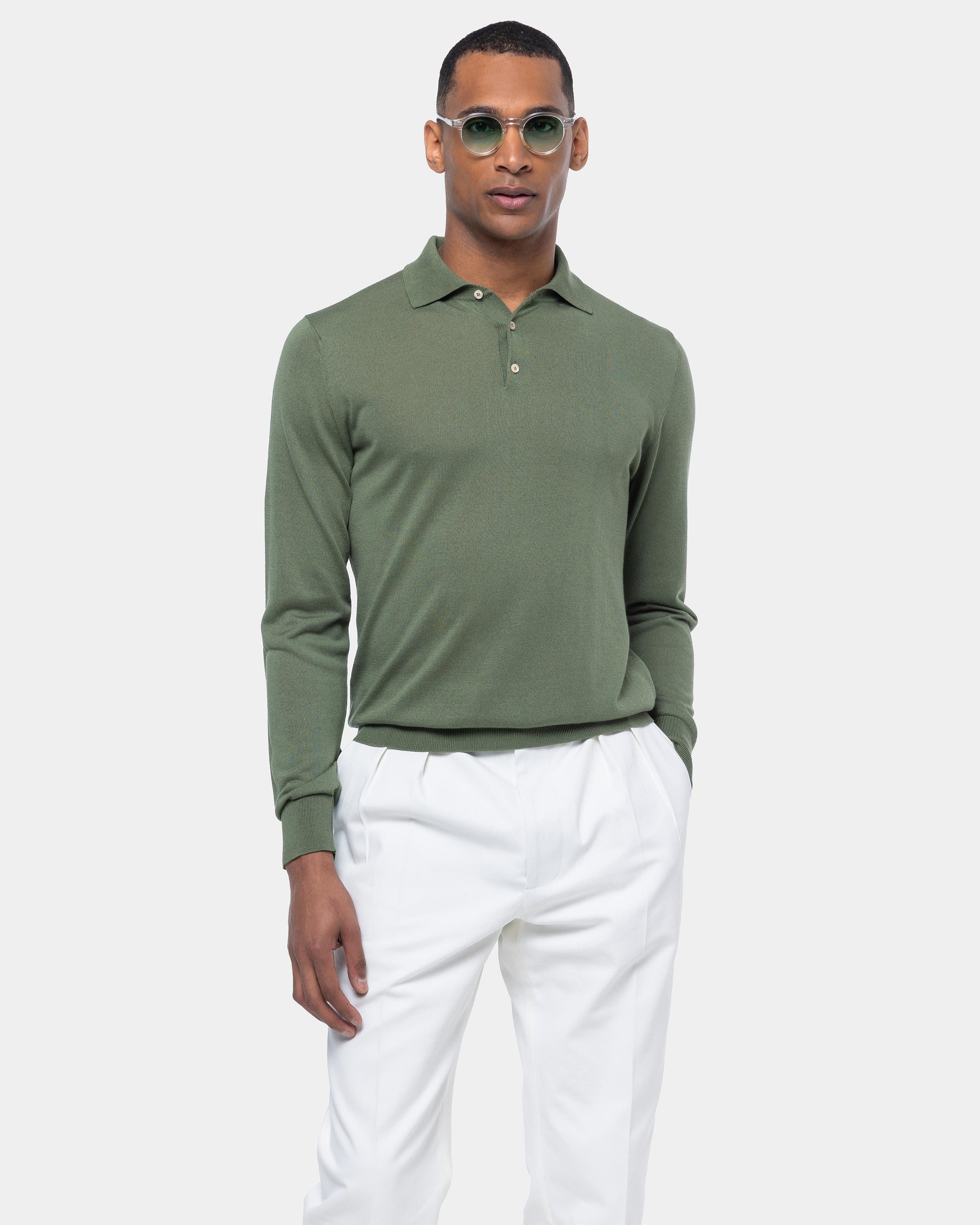 Military green Long Sleeved Polo Knitwear in Organic Cotton Mulberry Silk | Filatori