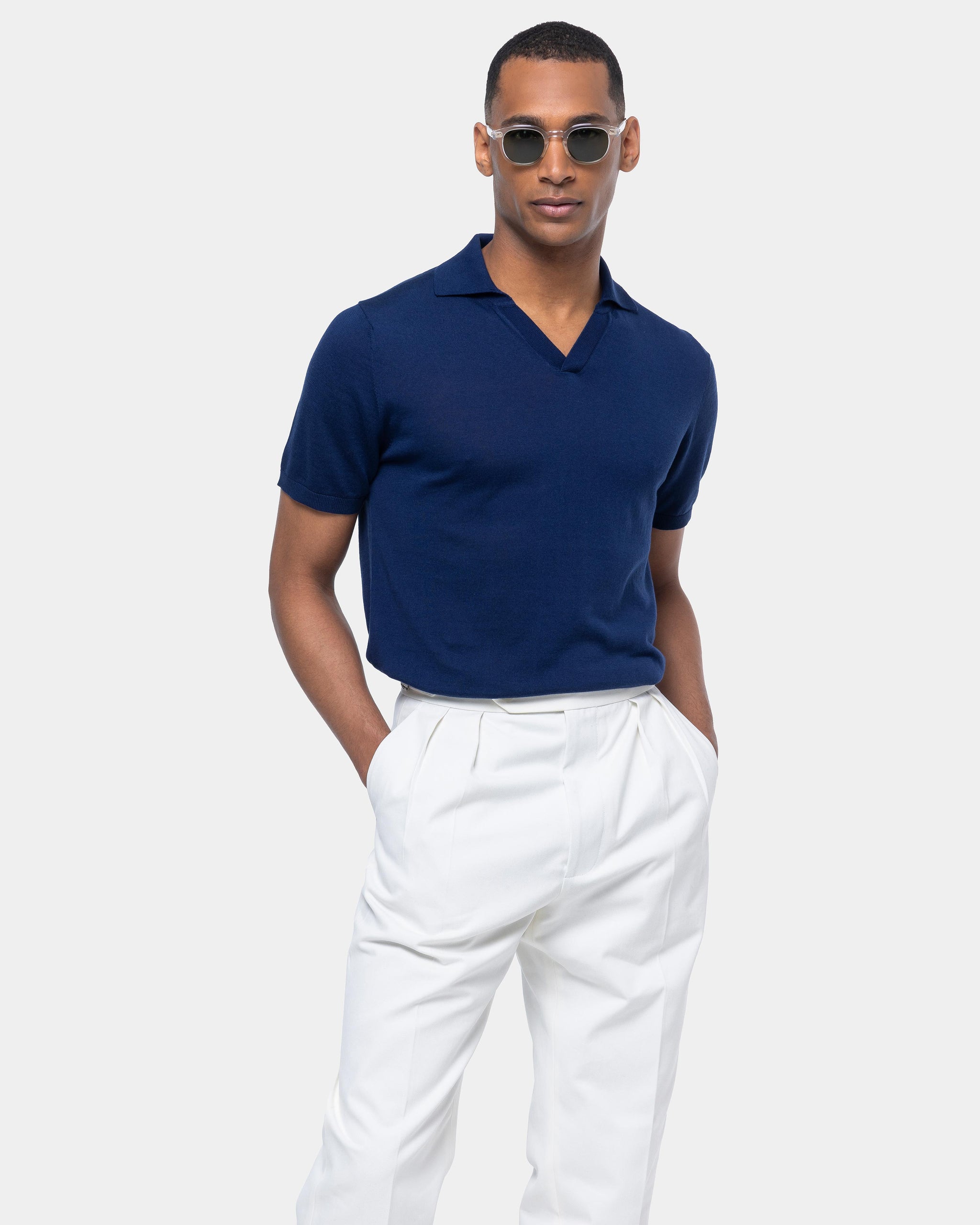 Blue Short Sleeve Buttonless Polo Knitwear in Organic Cotton Mulberry Silk | Filatori