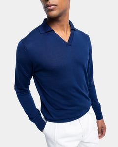 Blue Long Sleeved Buttonless Polo Knitwear in Organic Cotton Mulberry Silk | Filatori