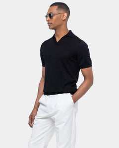 Black Short Sleeve Buttonless Polo Knitwear in Organic Cotton Mulberry Silk | Filatori