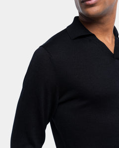 Black Long Sleeved Buttonless Polo Knitwear in Organic Cotton Mulberry Silk | Filatori