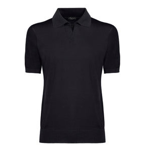 Black Short Sleeve Buttonless Polo Knitwear in Organic Cotton Mulberry Silk | Filatori