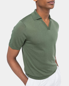 Military green Short Sleeve Buttonless Polo Knitwear in Organic Cotton Mulberry Silk | Filatori