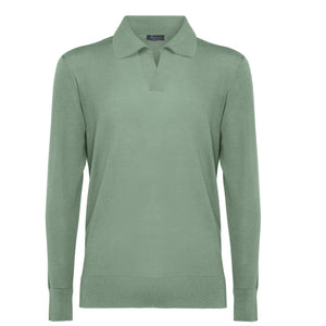 Maglia manica lunga Polo senza bottoni tinta unita verde militare Cotone biologico e Seta Mulberry | Filatori