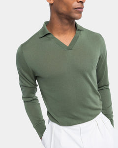 Military green Long Sleeved Buttonless Polo Knitwear in Organic Cotton Mulberry Silk | Filatori