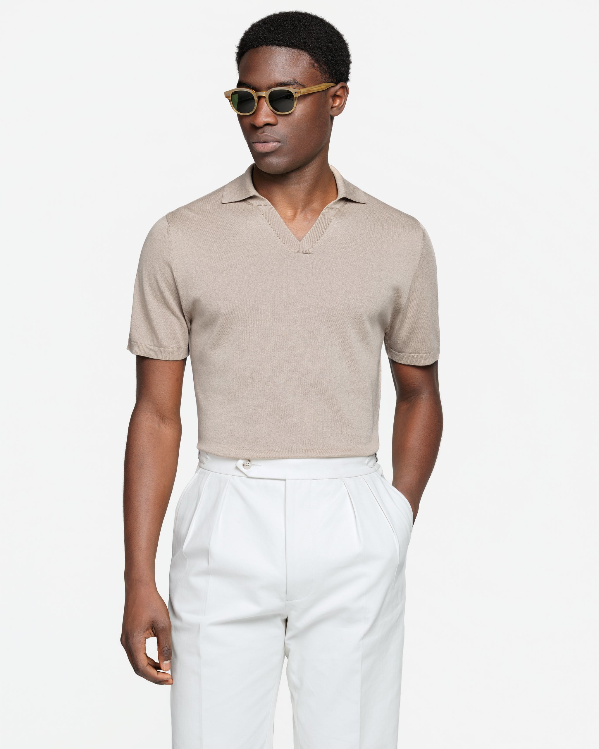 Almond Short Sleeve Buttonless Polo Knitwear in Organic Cotton Mulberry Silk | Filatori