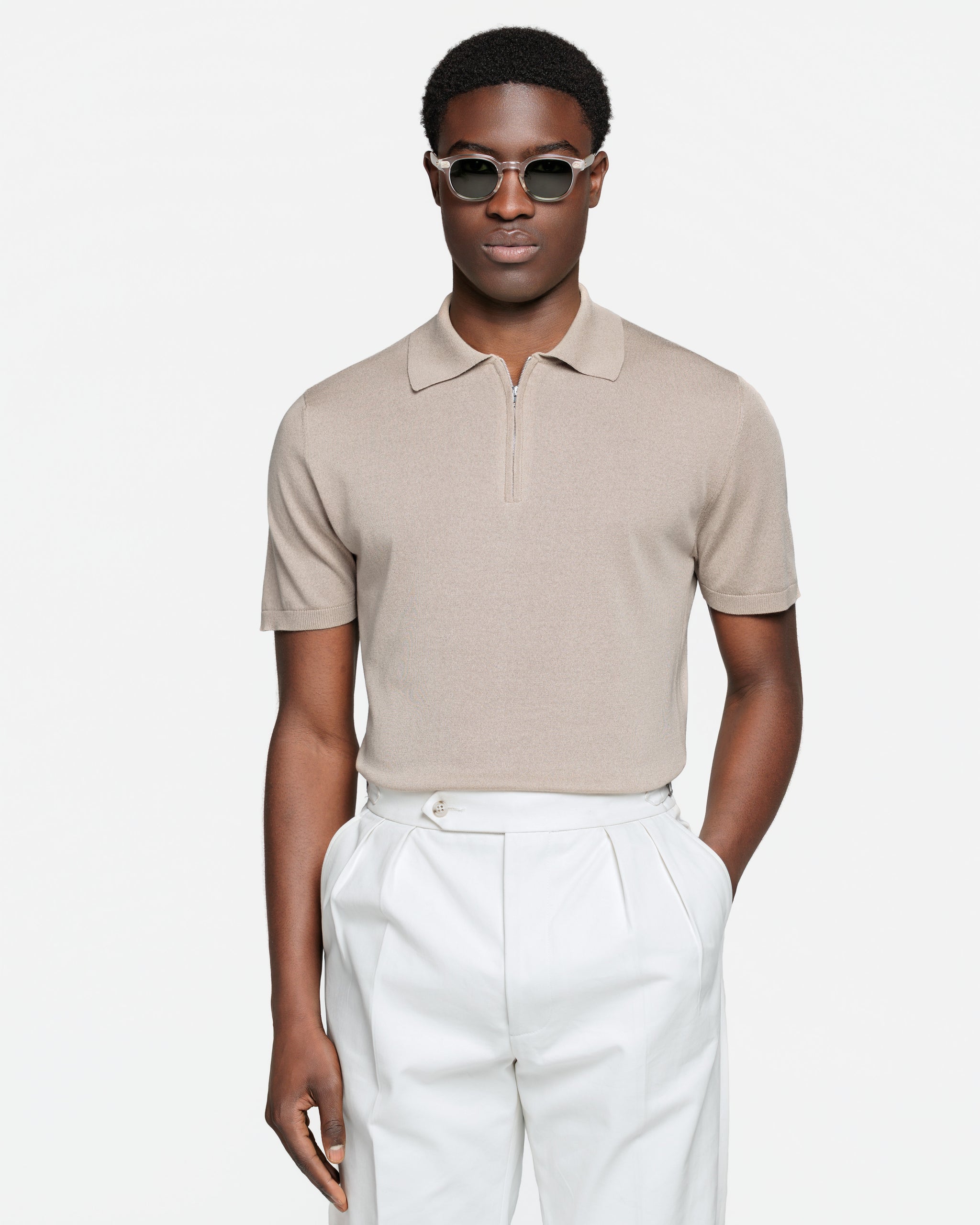 Almond Short Sleeve Zip Polo Knitwear in Organic Cotton Mulberry Silk | Filatori