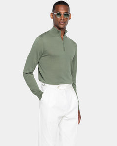Maglia Lupetto con Zip tinta unita verde militare Cotone biologico e Seta Mulberry | Filatori