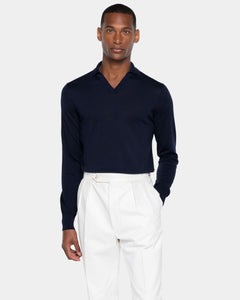 Blue Long Sleeved Buttonless Polo Knitwear in Organic Cotton Mulberry Silk | Filatori
