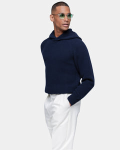 Blue Long Sleeve Hoodie in Super 100's Carded Wool | Filatori