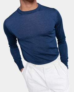 Blue Long Sleeved Crewneck Knitwear in Extrafine Merino Wool and Silk | Filatori