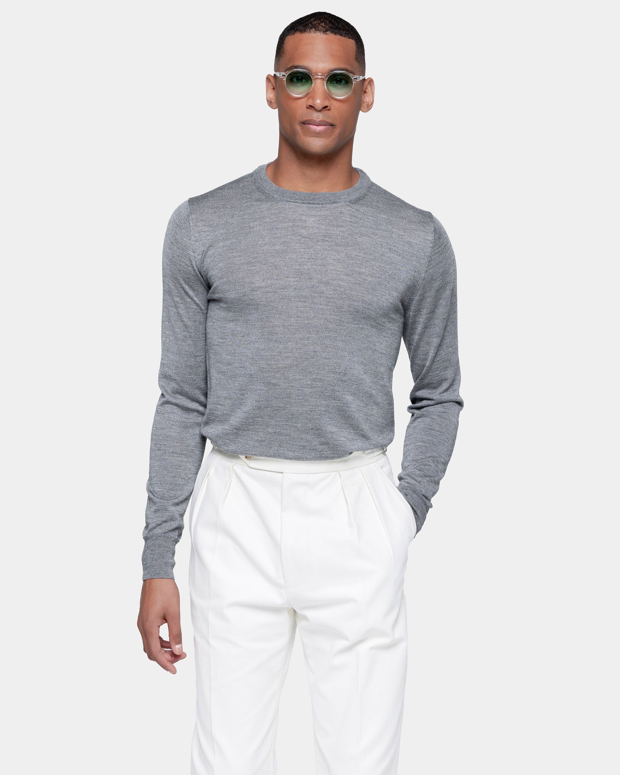 Grey Long Sleeved Crewneck Knitwear in Extrafine Merino Wool and Silk | Filatori