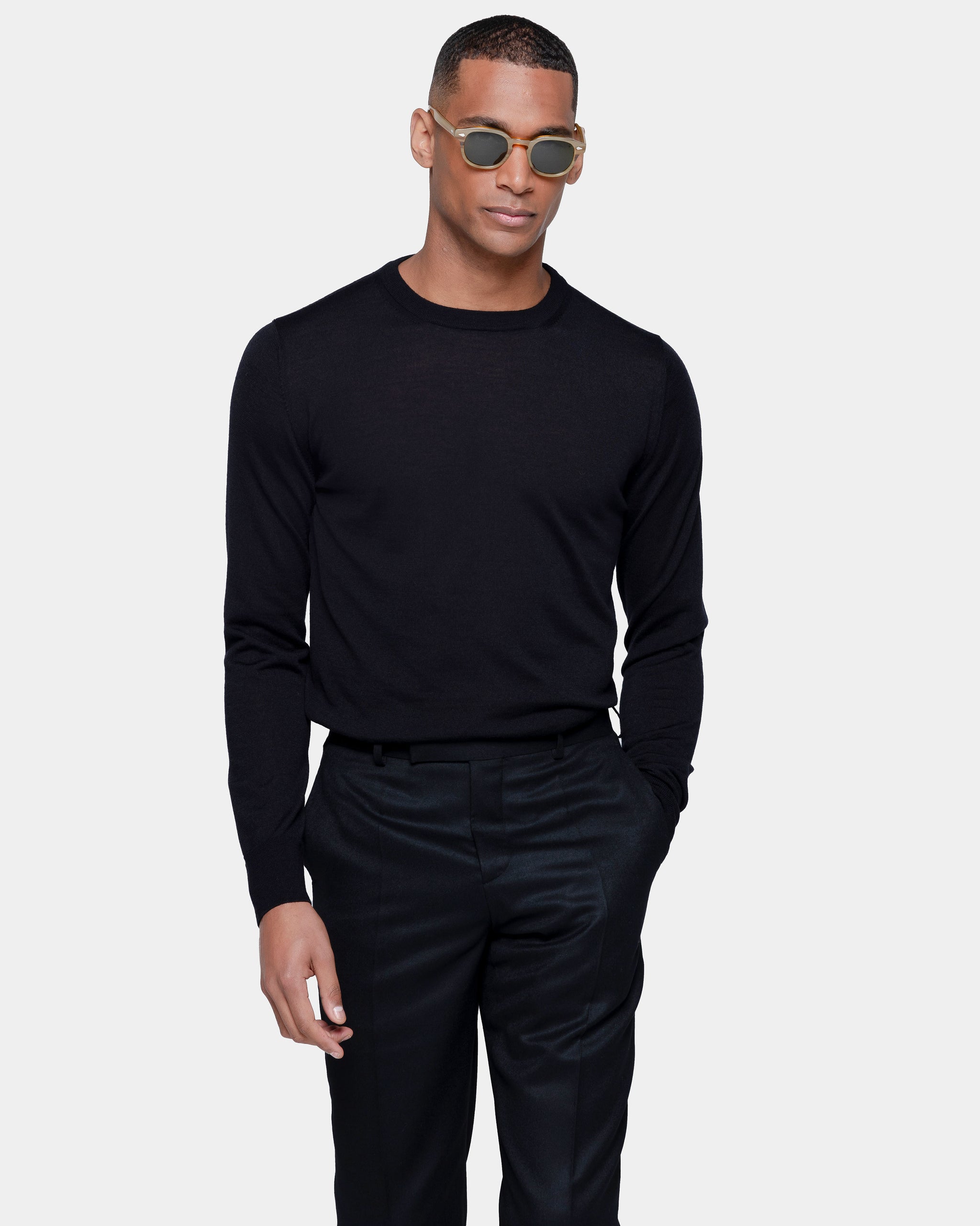 Black Long Sleeved Crewneck Knitwear in Extrafine Merino Wool and Silk | Filatori