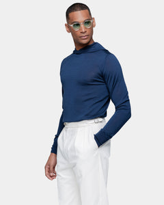 Blue Long Sleeved Hoodie Knitwear in Extrafine Merino Wool and Silk | Filatori