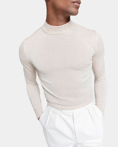 Beige Long Sleeved Highneck Knitwear in Extrafine Merino Wool and Silk | Filatori