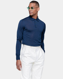 Blue Long Sleeved Polo Knitwear in Extrafine Merino Wool and Silk | Filatori