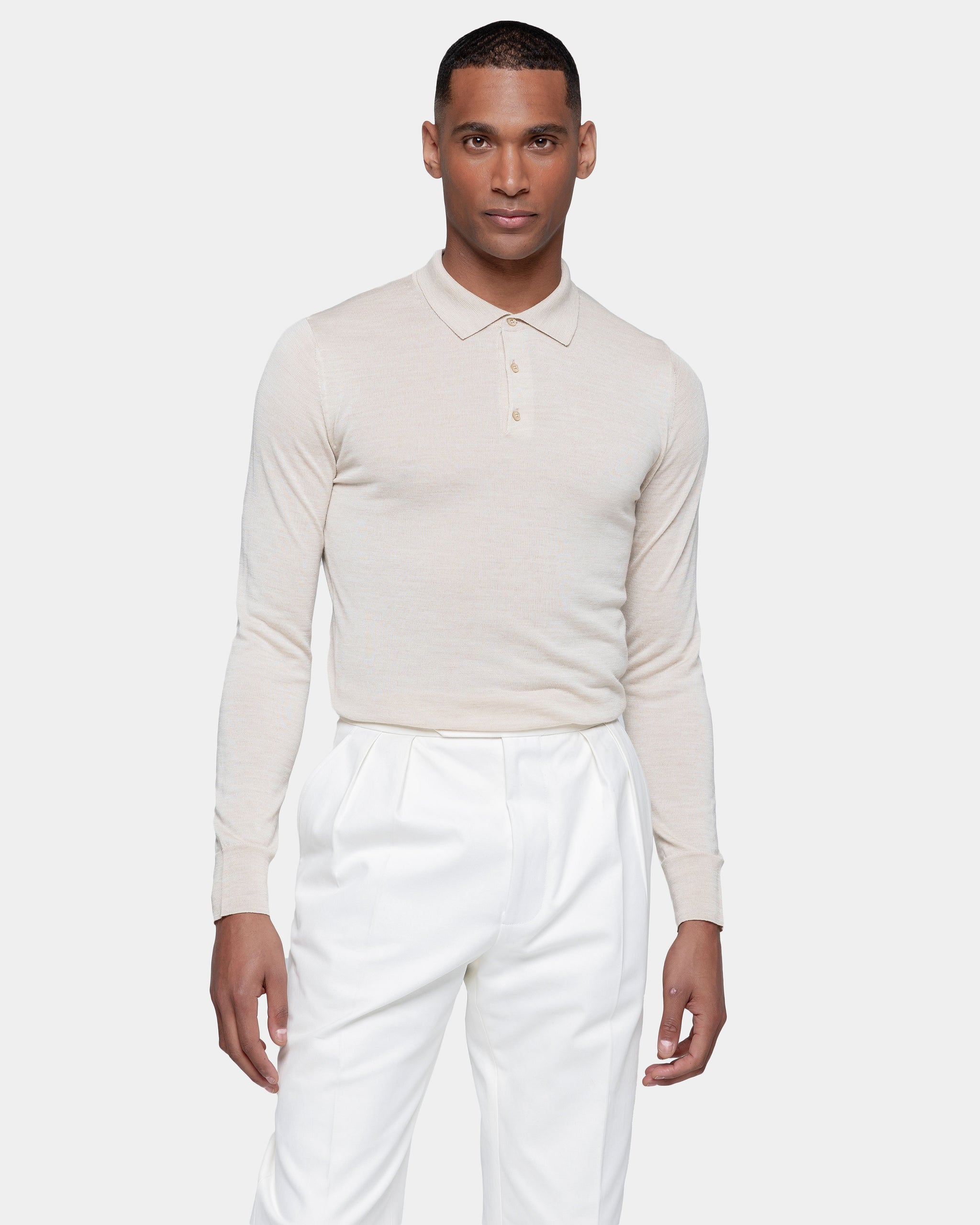 Beige Long Sleeved Polo Knitwear in Extrafine Merino Wool and Silk | Filatori