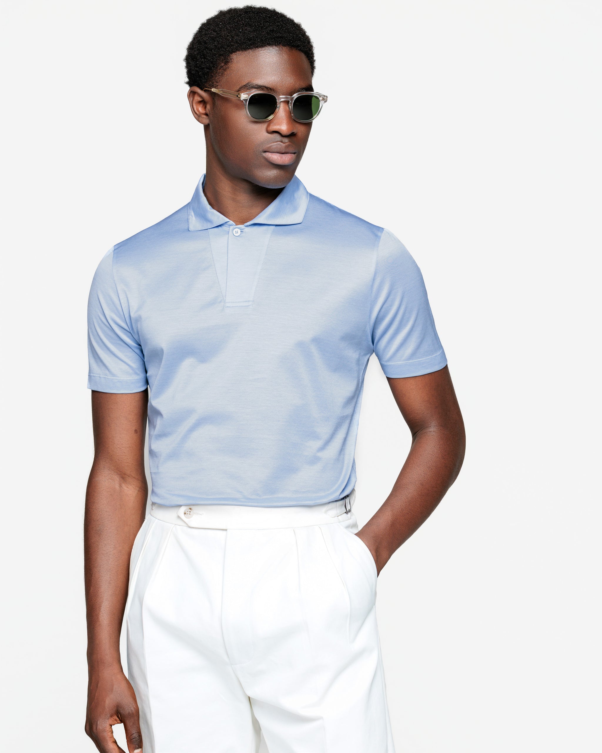 Light Blue Short Sleeve One-Button Polo 100% Cotton Micro Piqué 120/2 | Filatori