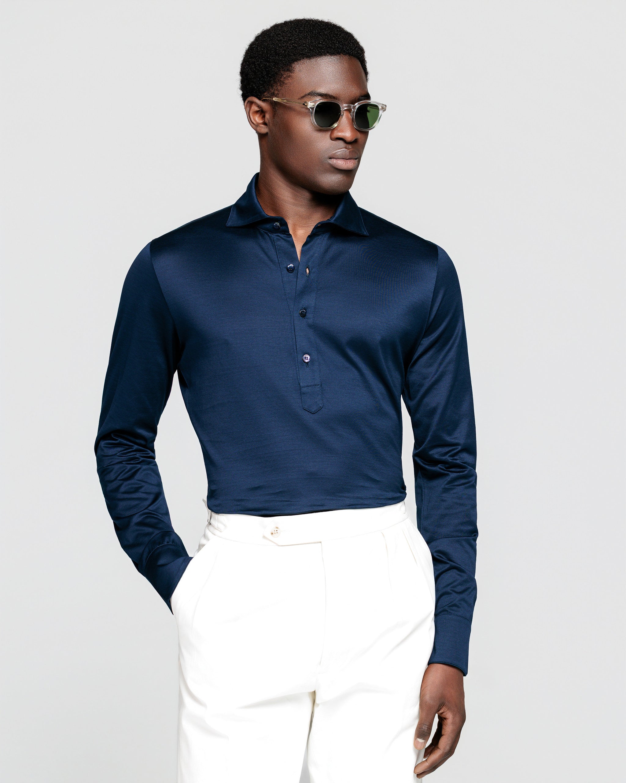 Polo Camicia manica lunga tinta unita Blu 100% Micro Piqué di Cotone 120/2 | Filatori