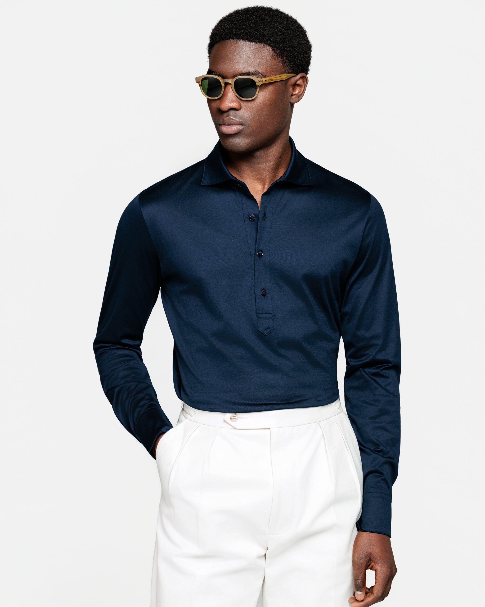 Polo Camicia manica lunga tinta unita Blu 100% Cotone egiziano | Filatori
