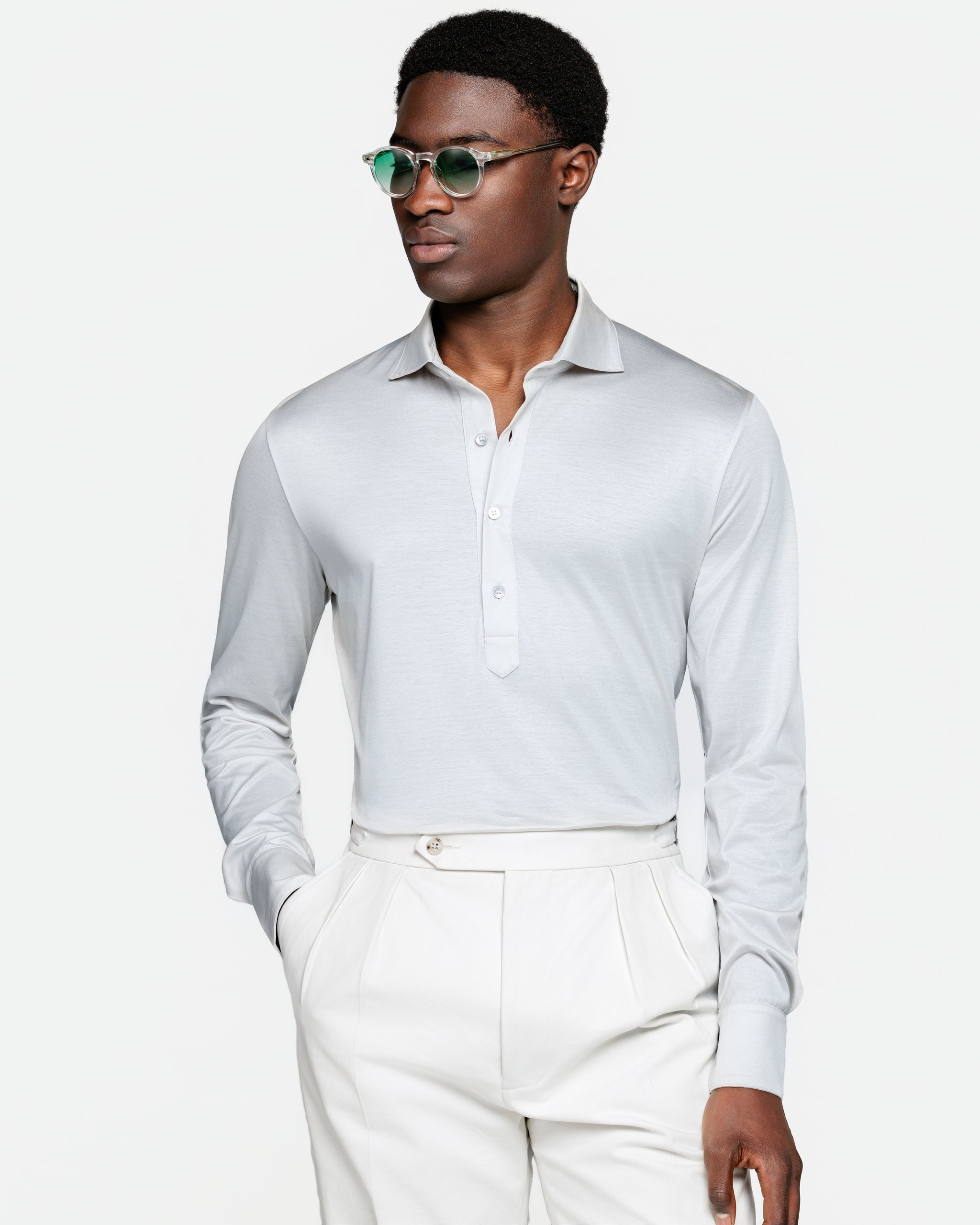 Polo Camicia manica lunga tinta unita Grigio Perla 100% Cotone egiziano | Filatori