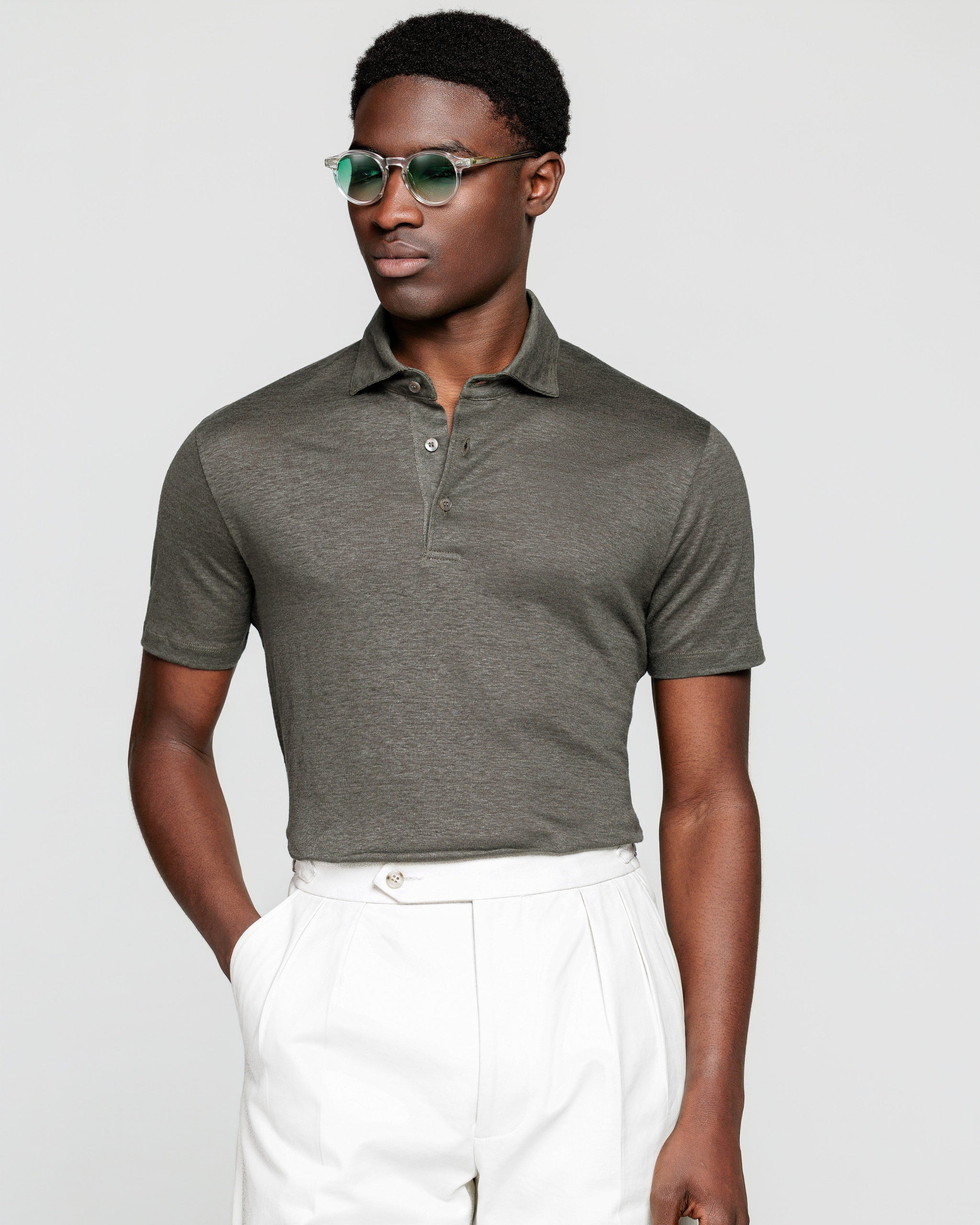 Polo Classica 3 bottoni manica corta tinta unita Verde Militare 100% Masters of Linen | Filatori