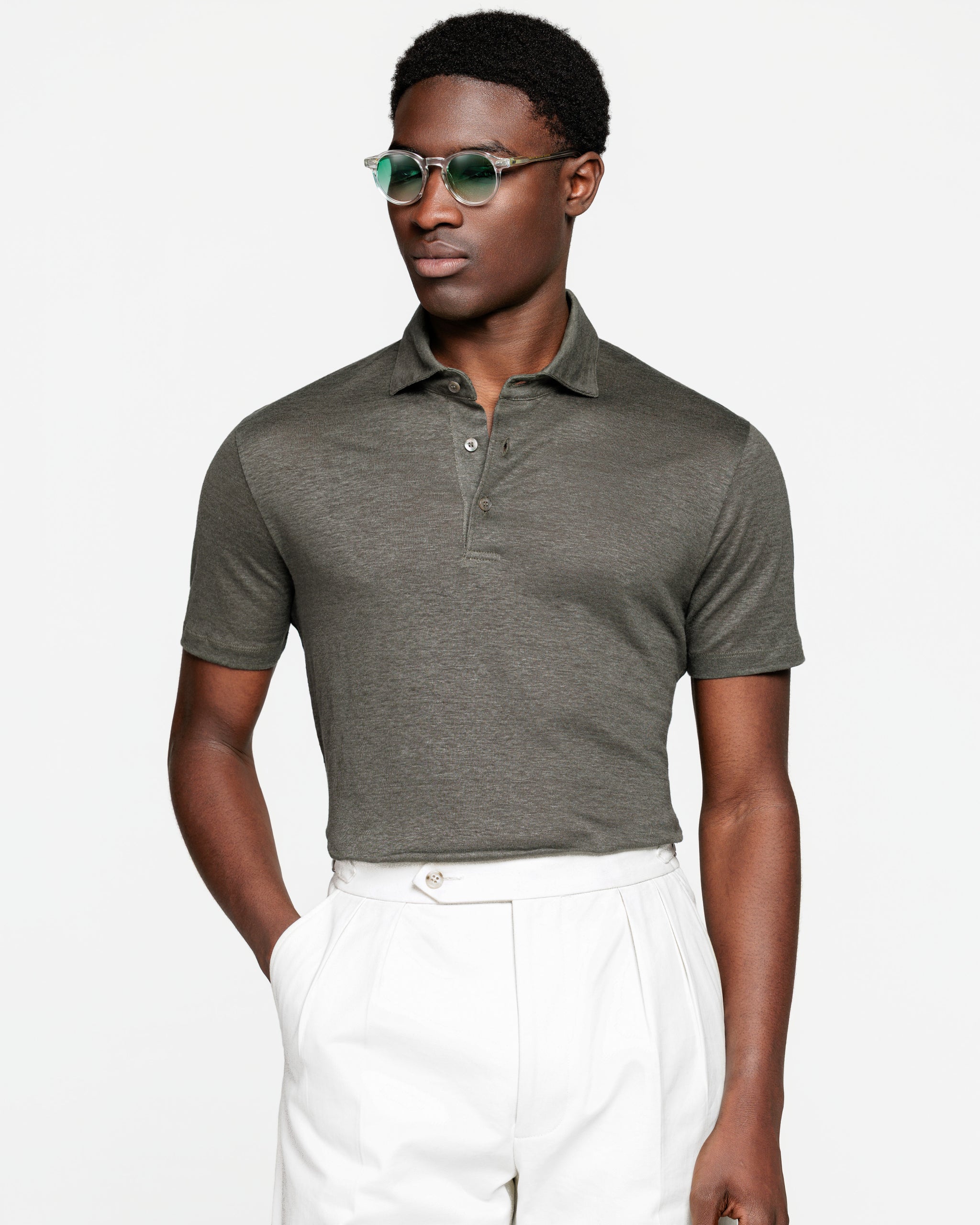 Military Green Short Sleeve Classic Three-Button Polo 100% Masters of Linen | Filatori