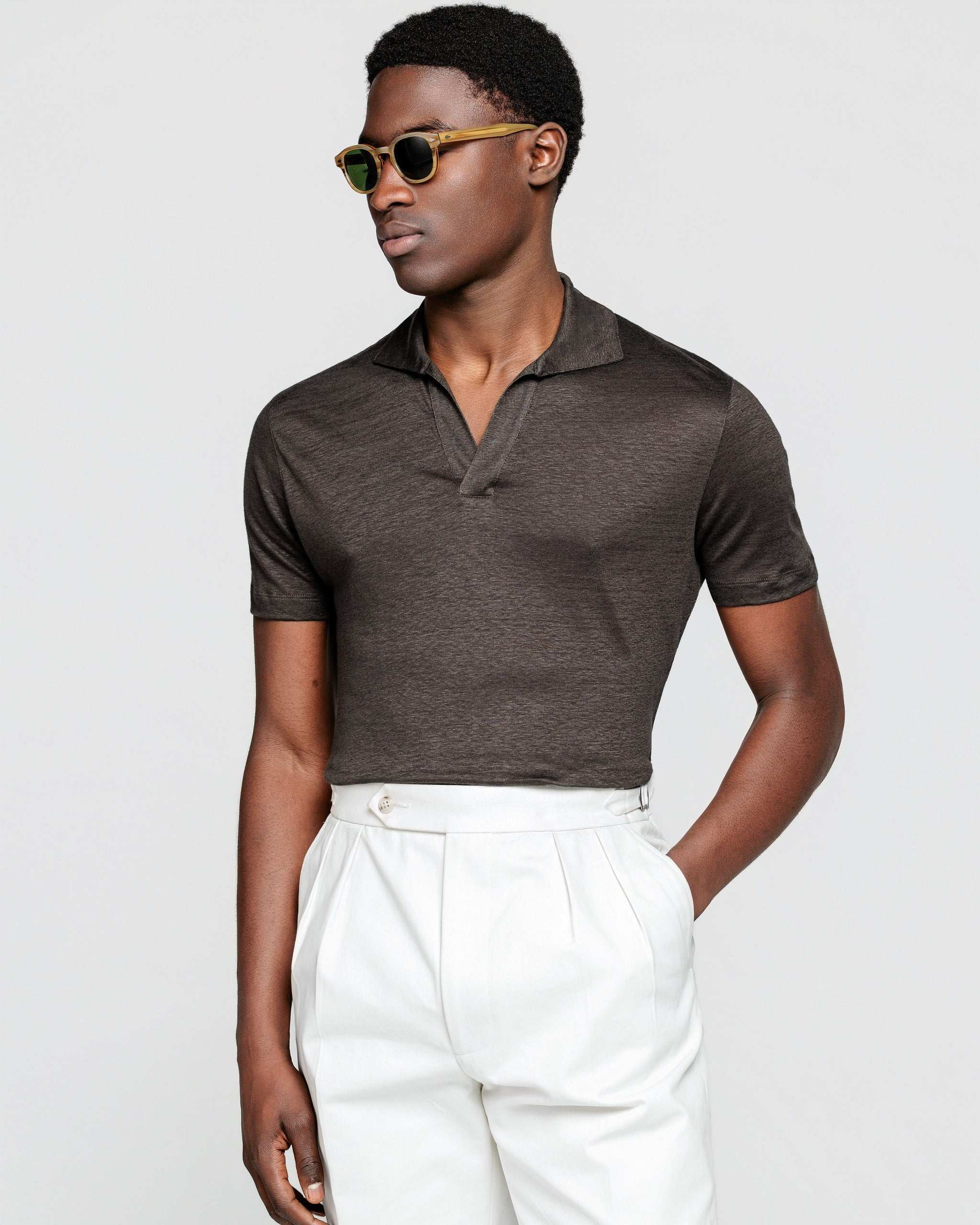 Polo senza bottoni manica corta tinta unita Marrone 100% Masters of Linen | Filatori