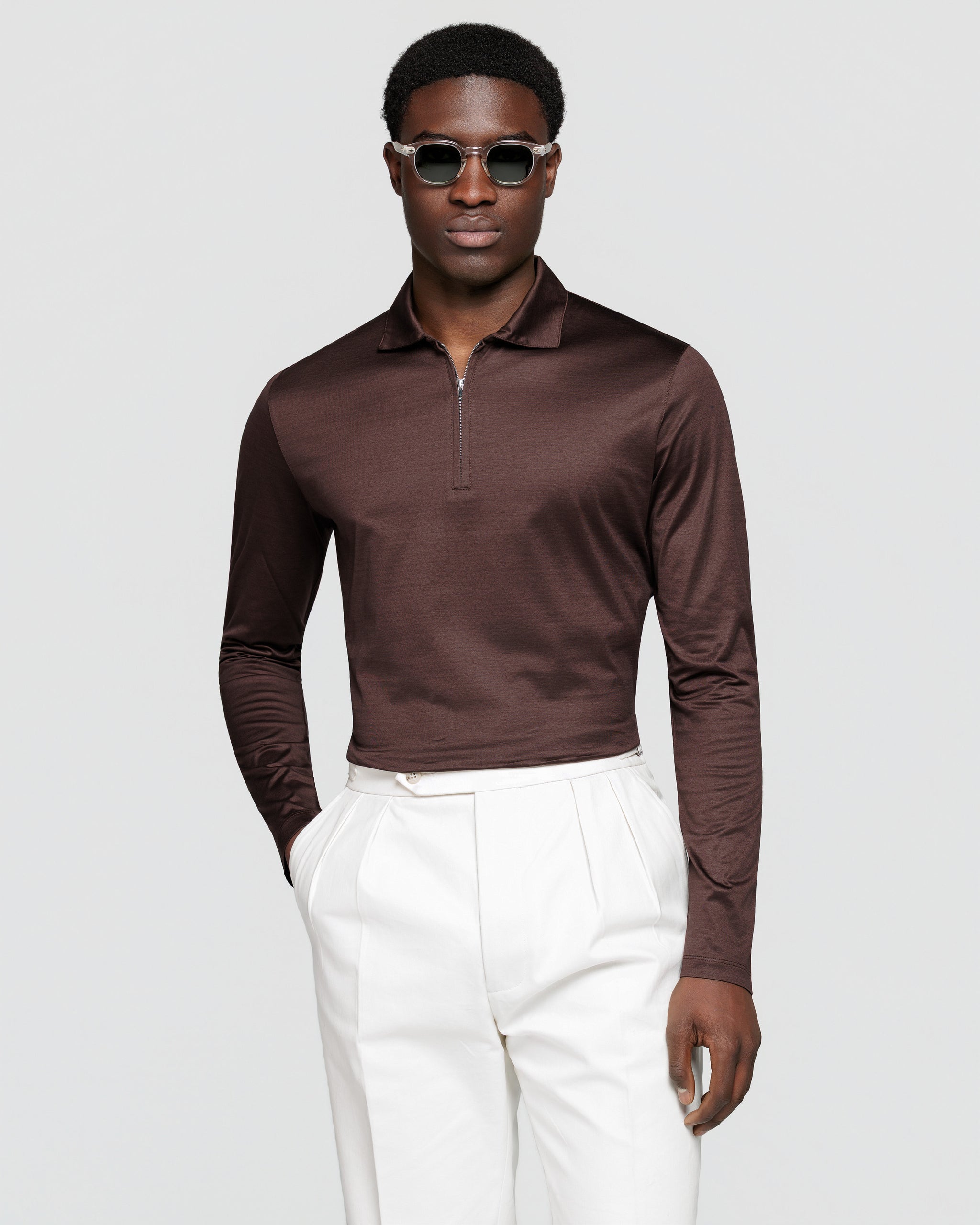 Polo mezza zip manica lunga tinta unita Marrone 100% Cotone egiziano | Filatori