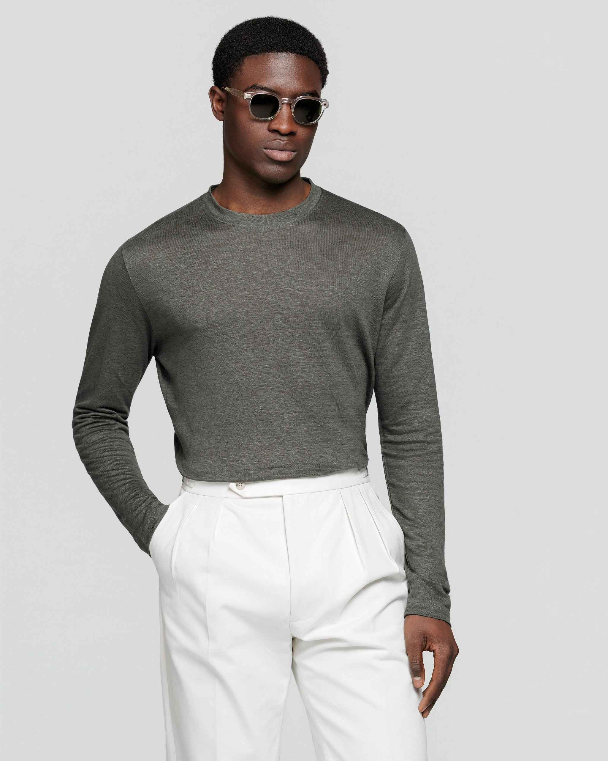 T shirt manica lunga tinta unita Verde Militare 100% Masters of Linen | Filatori