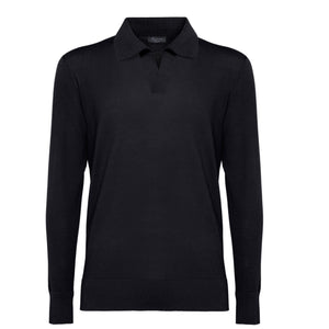 maglia uomo manica lunga tinta unita nera collo polo con stile sartoriale in tessuto 60% cotone biologico organico 40% seta pregiata lucente brillante prezioso pregiato Filatori su misura made in Italy fronte still life