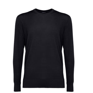 maglia uomo manica lunga tinta unita nera collo tondo con stile sartoriale in tessuto 60% cotone biologico organico 40% seta pregiata lucente brillante prezioso pregiato Filatori su misura made in Italy fronte still life